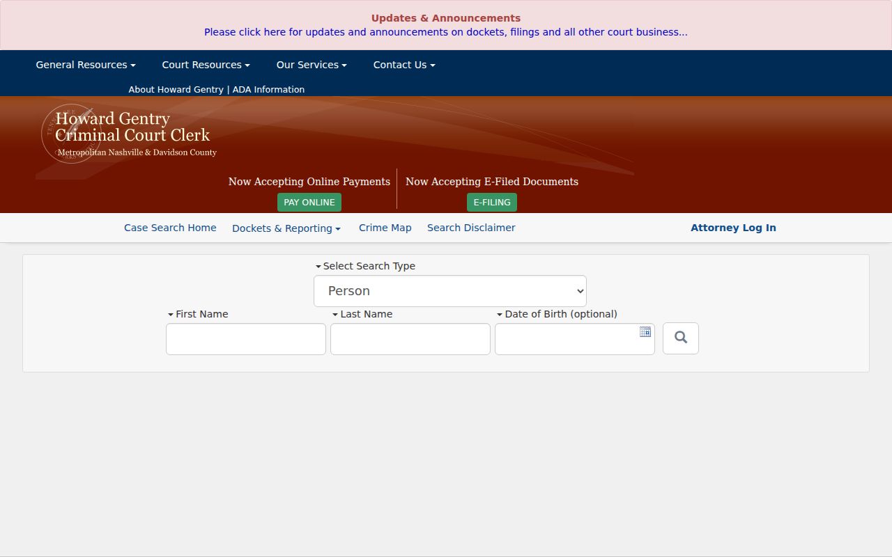 Tennessee criminal court open county search interface