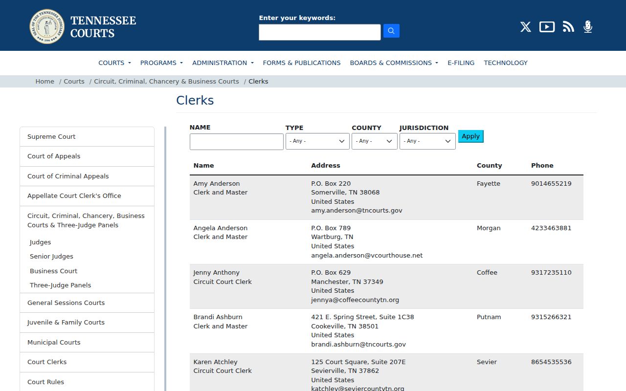 Tennessee criminal court clerk directory search