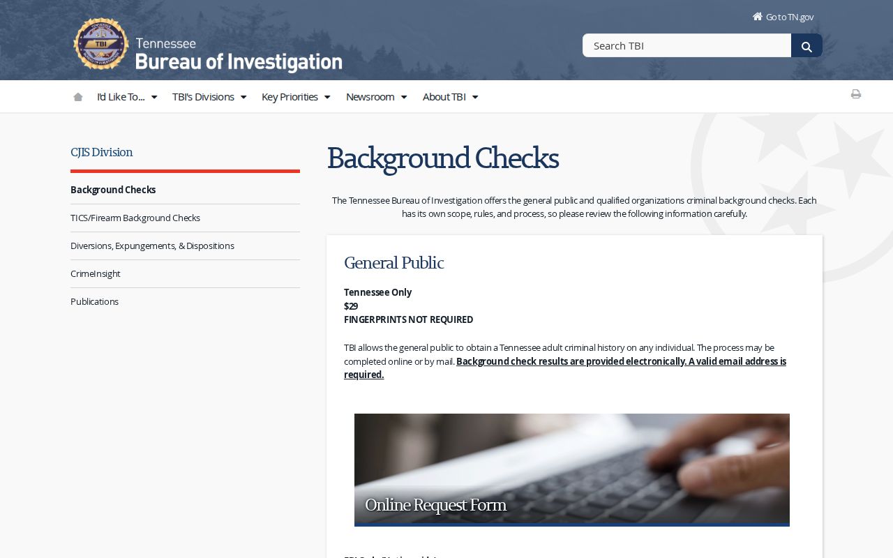Tennessee Bureau of Investigation criminal history products and fees