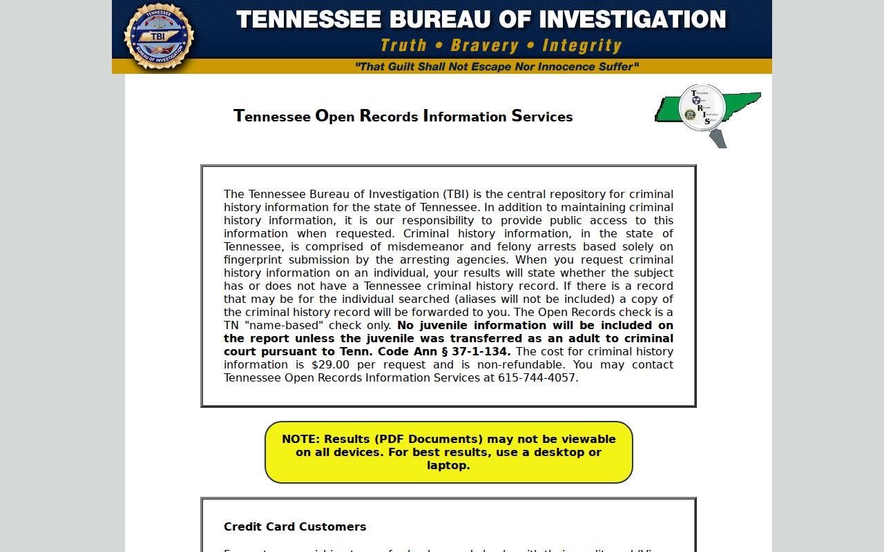 Tennessee criminal history TORIS search interface