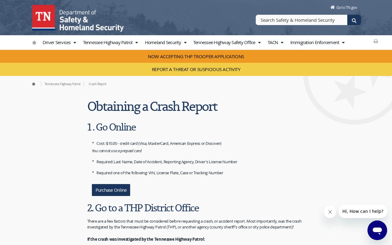 Tennessee criminal and crash report ordering options