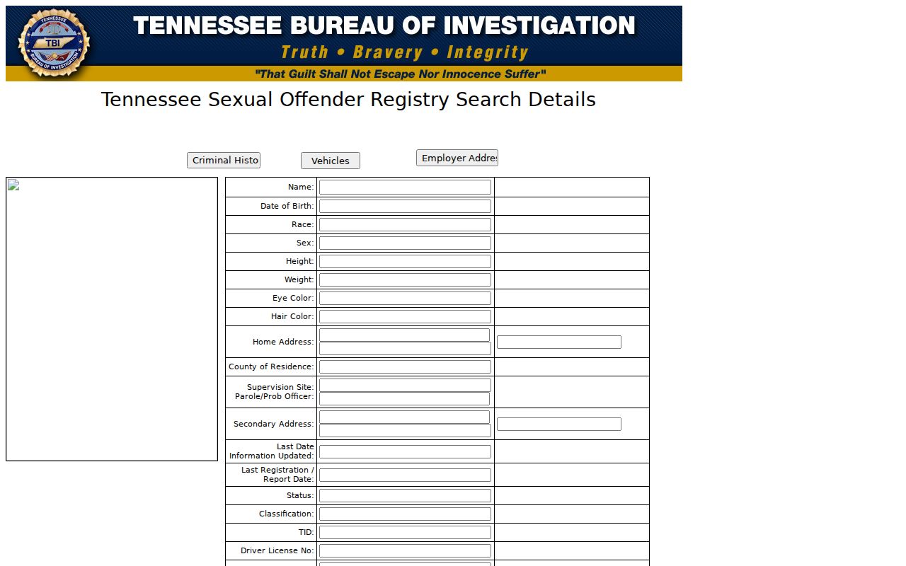 Tennessee sex offender registry profile field layout