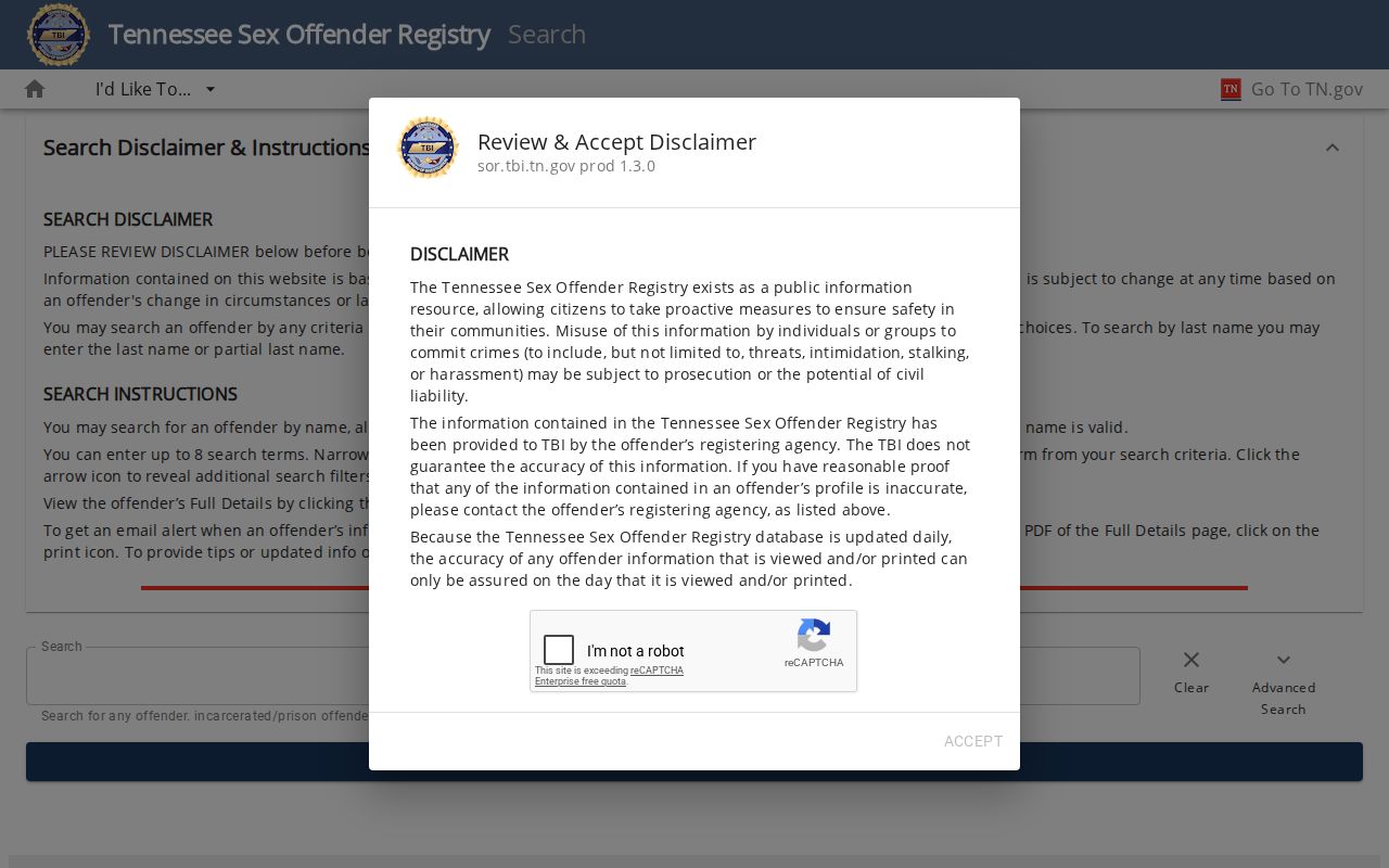 Tennessee sex offender registry search controls